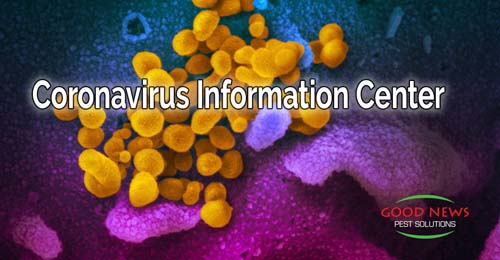 The Coronavirus Information Center image has yellow and purple virus cells on a dark background.