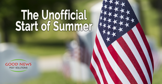 An American flag waves against a blurry background.